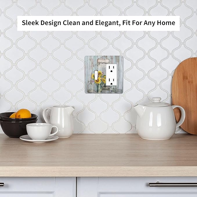 Sunflower Vintage Barn Wooden 2 Gang Light Switch Covers Sun floral Single Toggle Rocker Combo Wall Plate Electrical Faceplate Decorative Switchplate Farmhouse Home Livingroom Decor