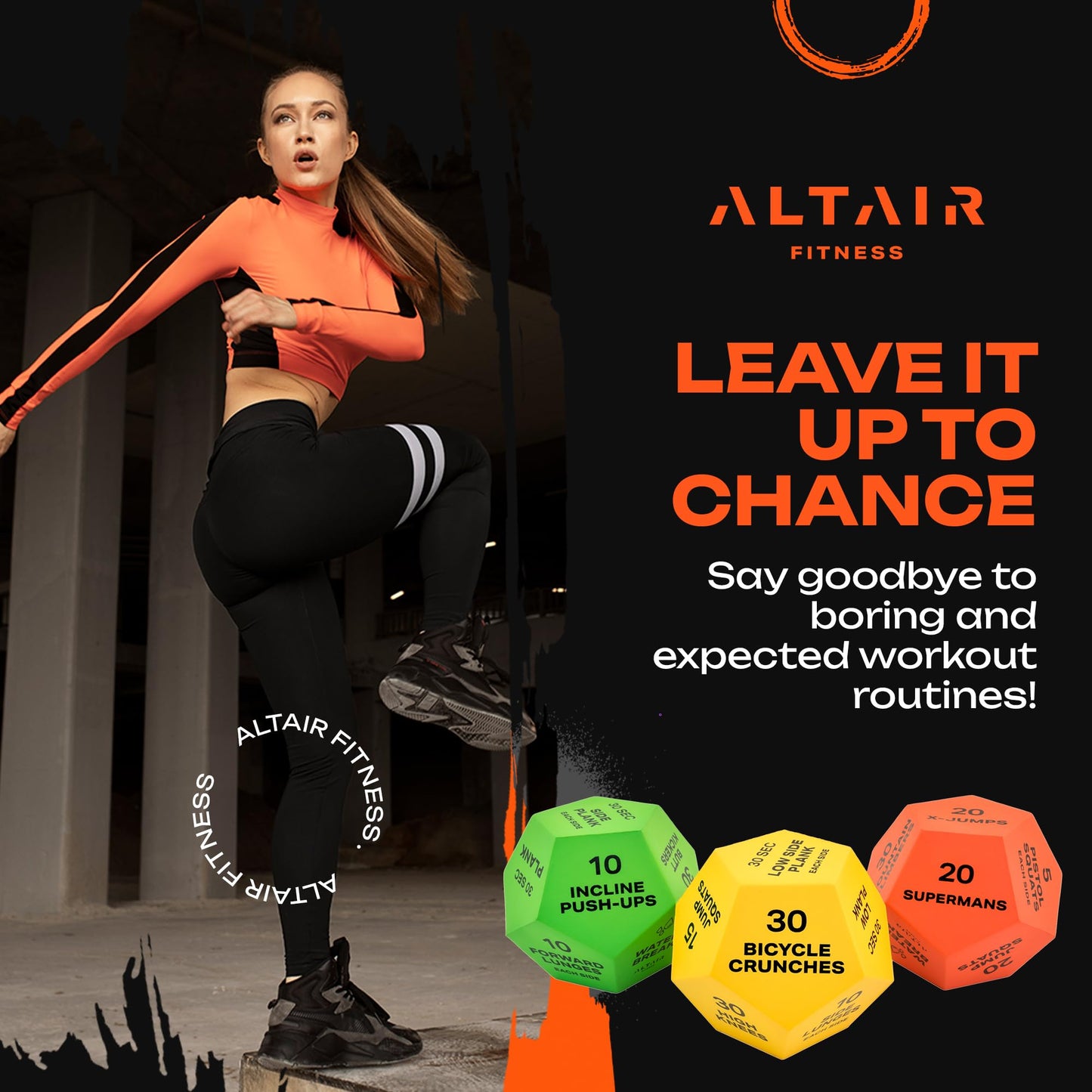 ALTAIR Fitness Dice - 3 12-Sided HIIT Workout Dice with 3 Levels of Difficulty for Adults, Teens & Kids, Motivational Accessories with Mesh Bag & Guide Book