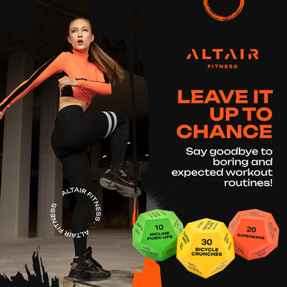 ALTAIR Fitness Dice - 3 12-Sided HIIT Workout Dice with 3 Levels of Difficulty for Adults, Teens & Kids, Motivational Accessories with Mesh Bag & Guide Book