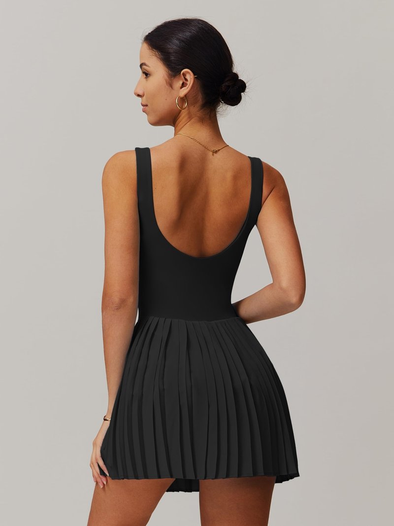 ABOCIW Tennis Dress with Built Shorts Square Neck Pleated Athletic Dress Sleeveless Backless Workout Golf Dress Summer Mini Dresses for Women Black Medium