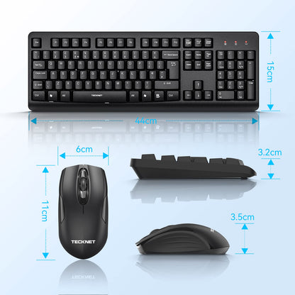 TECKNET Wireless Keyboard and Mouse Set, Ergonomic 2.4G Cordless Keyboard & Mouse Combo Silent, Full-Size, Spill-Resistant with Nano USB Receiver for PC, Laptop, Computer - QWERTY, UK Layout