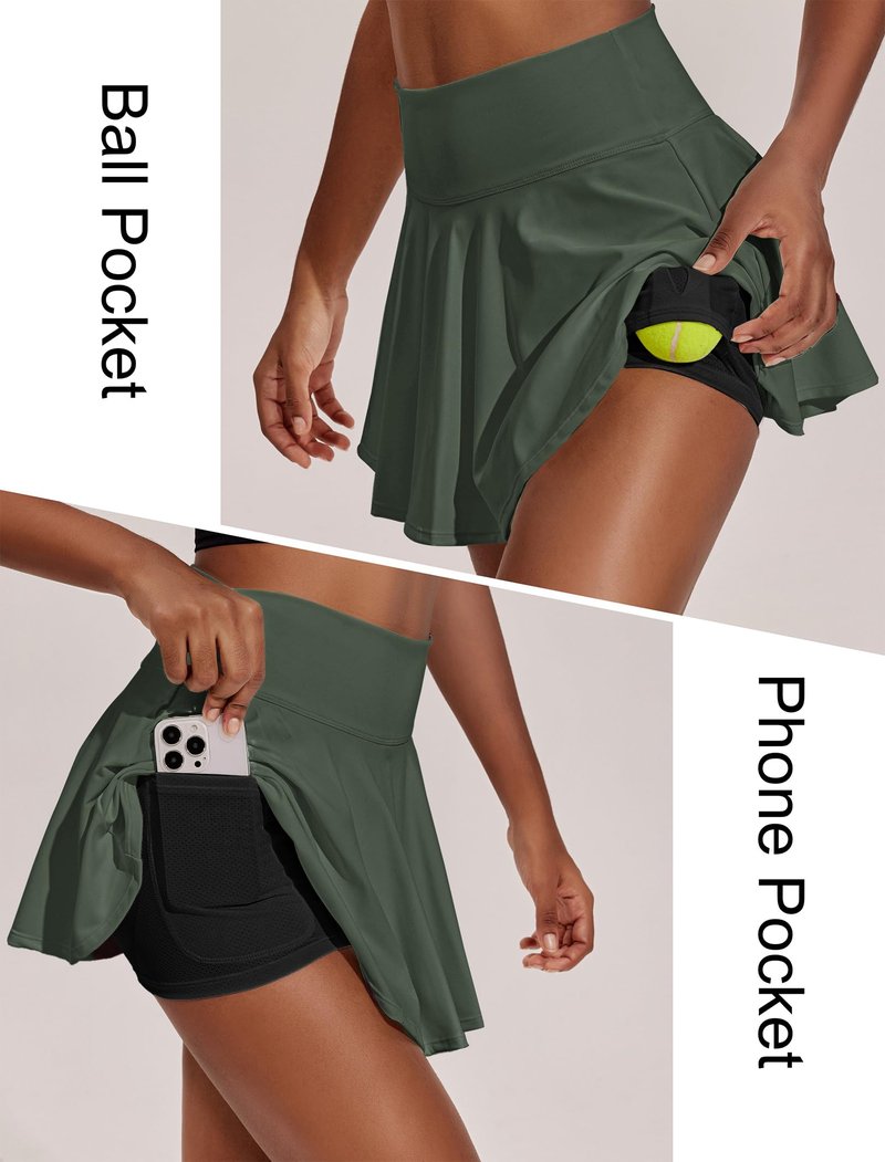 PINSPARK Womens Pleated Tennis Skirt with Shorts High Waisted Athletic Golf Skorts Tummy Control Workout Skirts, Camo Green XXL