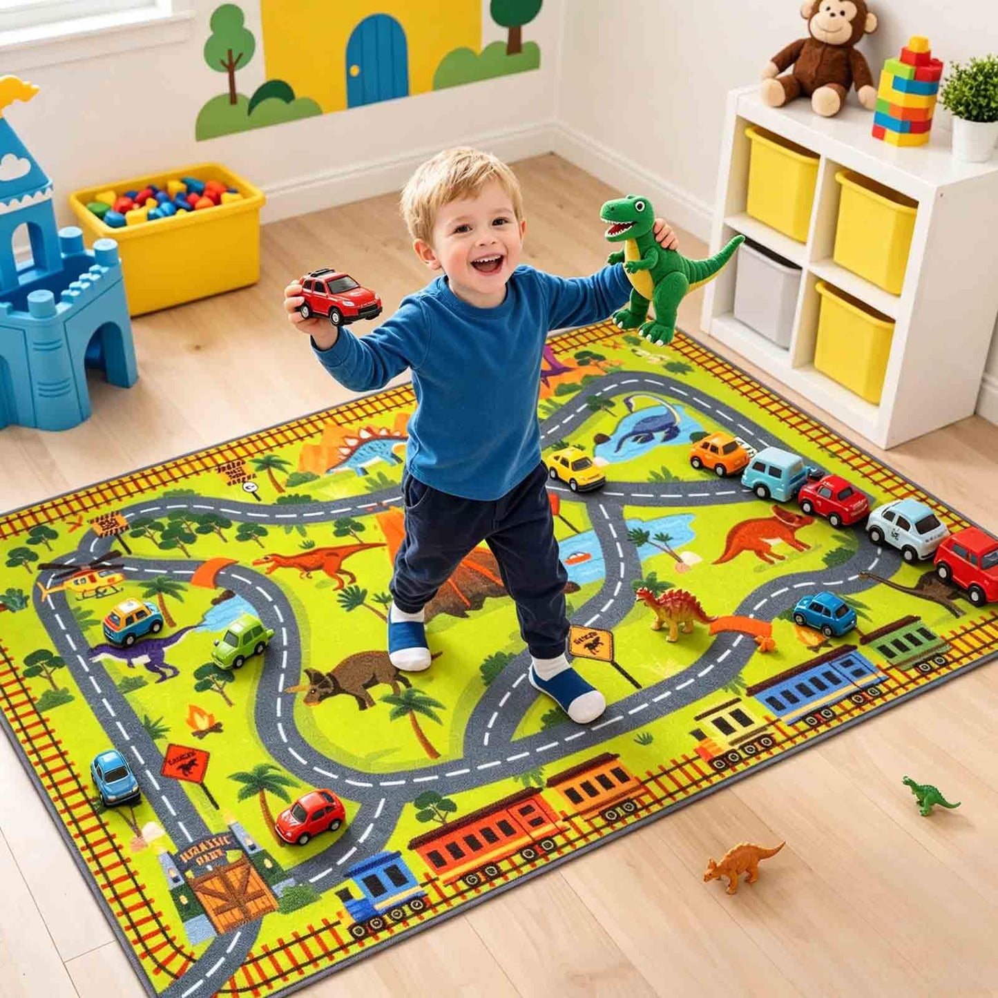 LIVEBOX Kids Dinosaur Car Rug 3x5, Play Rugs with Roads for Toy Cars, Washable Non Slip Advanture Dino Carpet for Boys Bedroom, Playroom