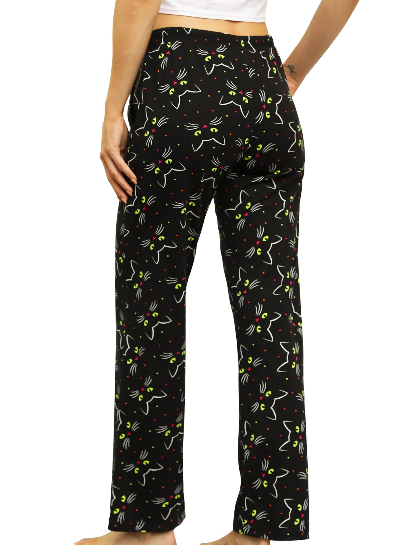 ENJOYNIGHT Women Cotton Lounge Pants Comfy Pajama Bottoms With Pockets&Drawstring(Black Cat,X-Large)