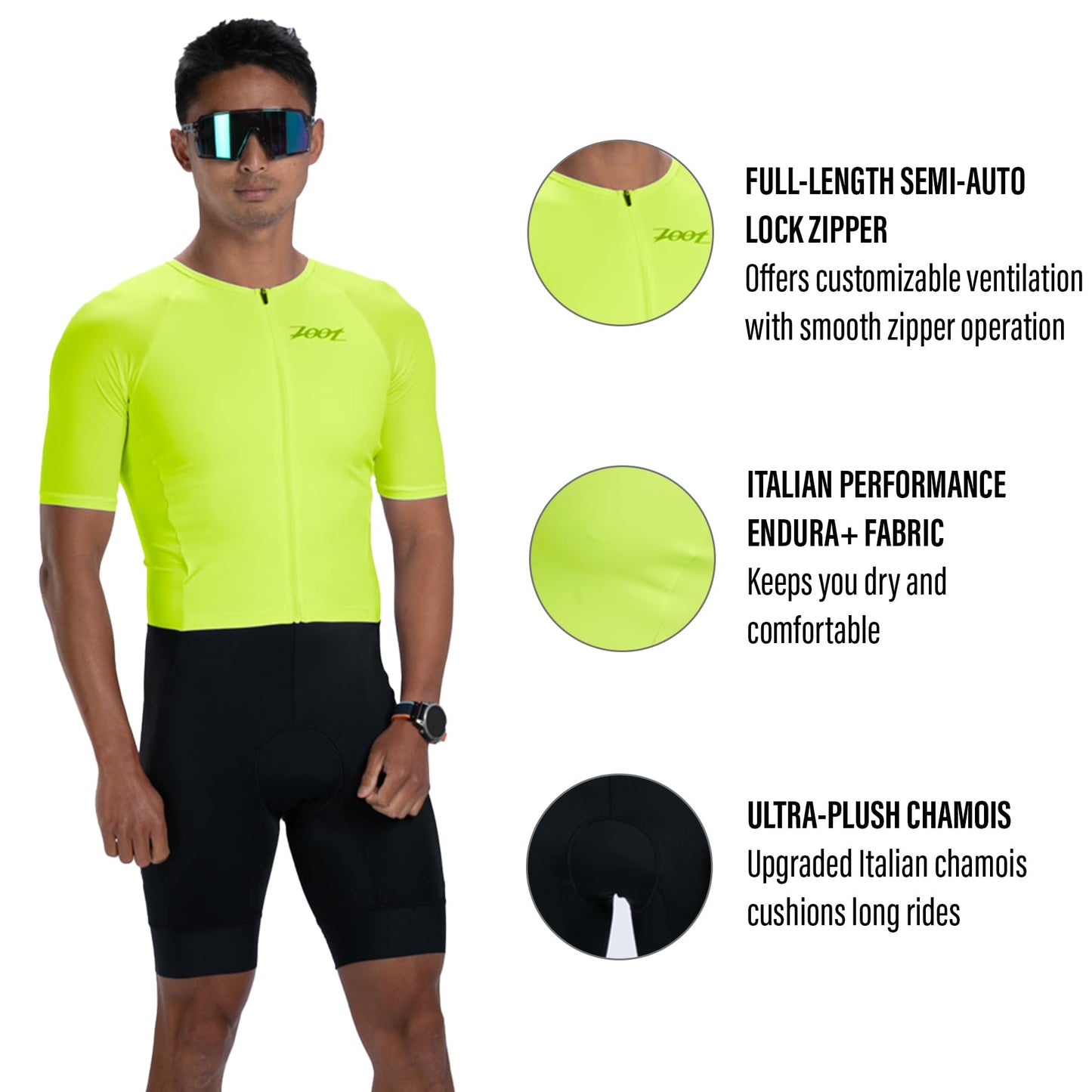 Zoot Men’s Core Tri Aero FZ Racesuit, Short Sleeve Moisture-Wicking Triathlon Suit, Plush Chamois & Storage for Race Day - Hyper Yellow - 2X-Large