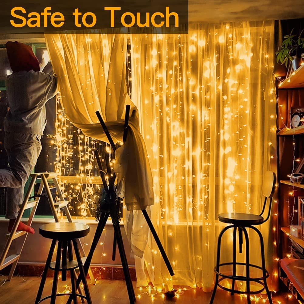 Ollny Curtain Lights Indoor, 300 LED 3m x 3m Fairy Lights USB Powered, Waterproof Warm White String Light with 8 Modes/Timer/Remote, Bedroom/Wall/House/Garden Decorations