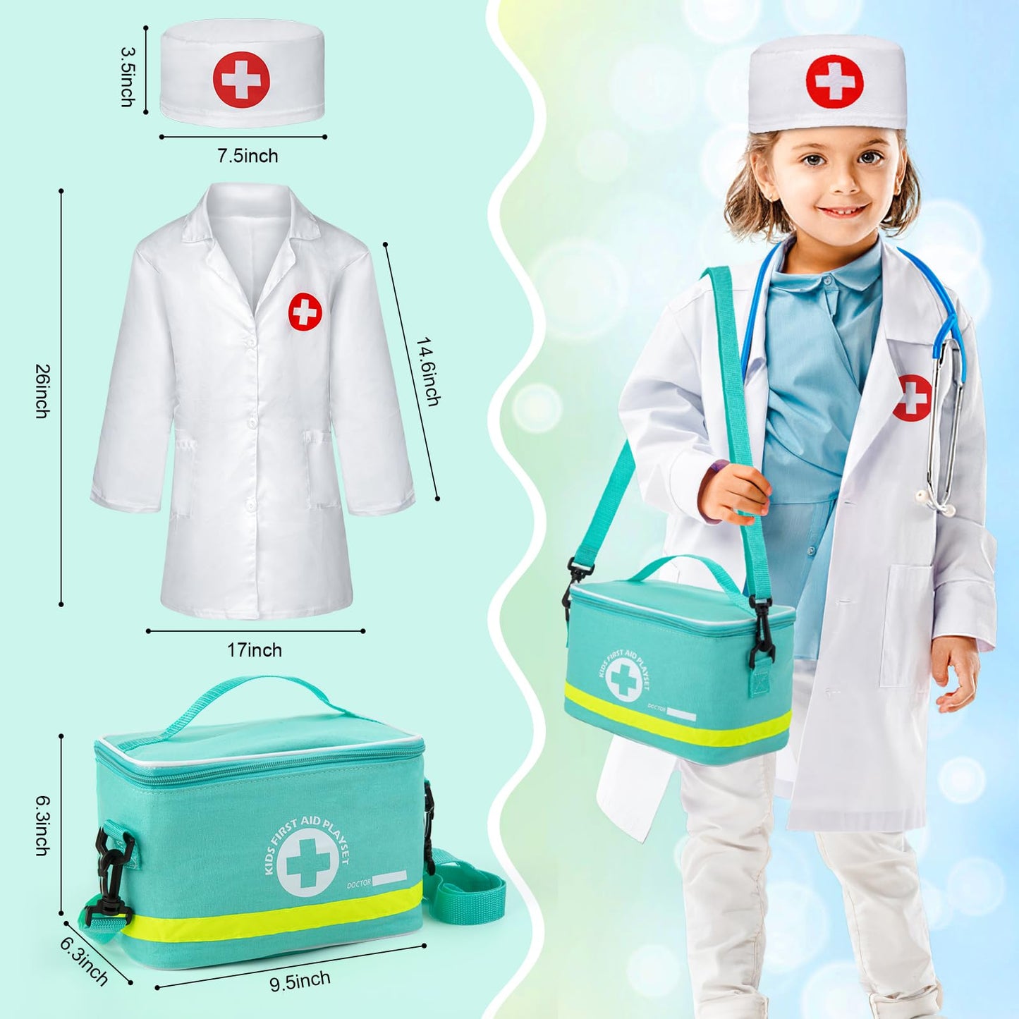 Sundaymot Kids Doctors Wooden Kit, 34 Pcs, with Real Stethoscope, Portable Doctors Bag, Pretend Role Play Medical Kit Toys for 3-6 Year Old Toddlers