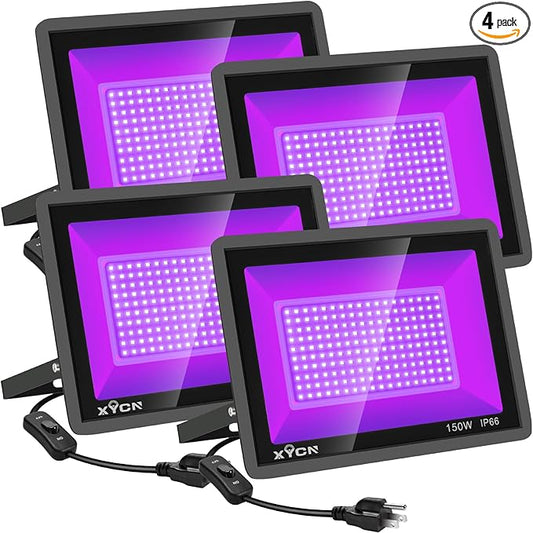 4 Pack 150W LED Flood Black Lights,395nm to 405nm UV Outdoor Flood High Power Blacklight Light with Plug in, IP66 Waterproof Large Black Light Spotlight for Glow Party Large Space, Halloween