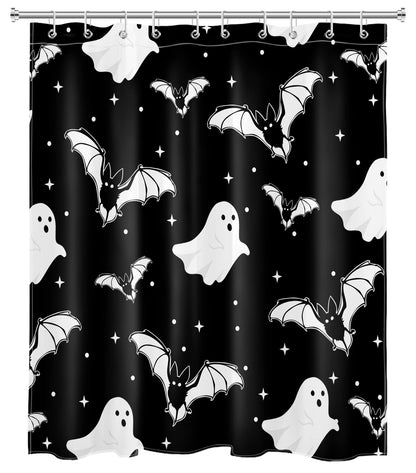 HVEST Halloween Ghost Shower Curtain with Hooks,Spooky White Ghost Bat Stars on Black Shower Curtain for Bathroom Decor Black and White Gothic Shower Curtain Set Halloween Decorations,72L x 60W inches