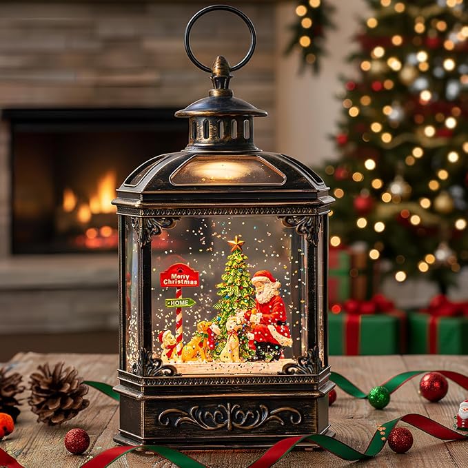 Christmas Snow Globe Lantern Water Glittering Santa Claus & Pups with Music & Timer, USB Lined/Battery Operated Lighted Lantern for Christmas Festival Decoration Gifts