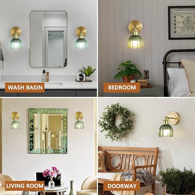 Vintage Battery Operated Wireless Wall Sconces, Rechargeable Gold Wall Lights，Green Tulip Glass Lampshad With Remote Dimmable Wall Lighting Indoor, Led Wall Lamp Fixtures For Bedroom, Living Room