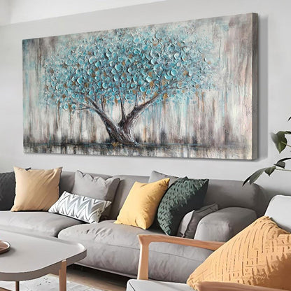 Arjun Tree Wall Art Canvas for Living Room Blue Tree of Life Nature Teal Abstract Textured Painting Picture Modern Panoramic Landscape Artwork Framed Bedroom Home Office Decor, Large Size 40"x20"