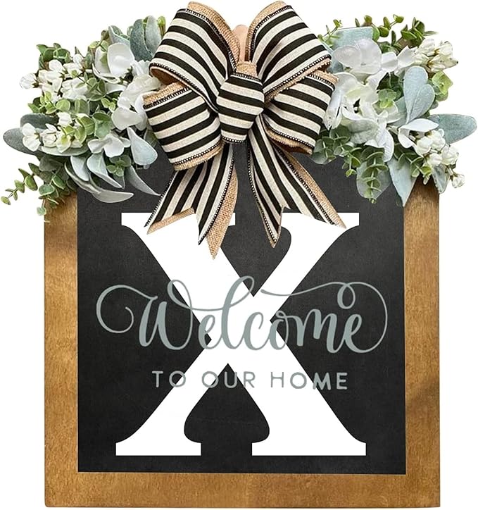 16 inch Last Name Welcome Wreath for Front Door - Spring, Summer, Autumn, Winter Decor - Eucalyptus and Bow Wreath for Porch, Wall, Window (X)