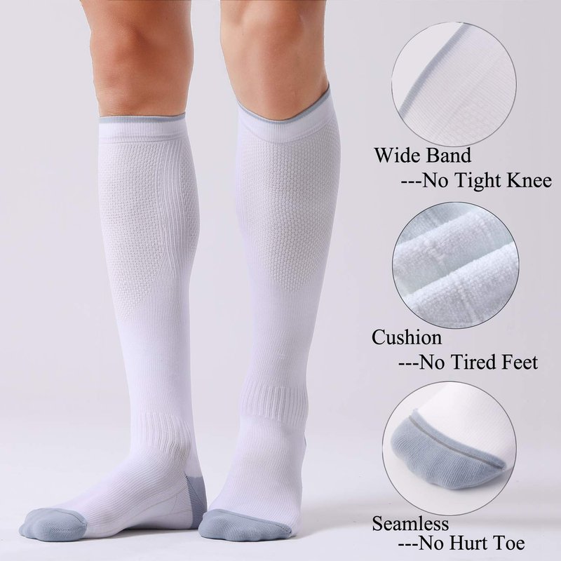 FITRELL 3 Pairs Compression Socks for Women and Men 20-30mmHg- Circulation and Muscle Support Socks for Travel, Running, Nurse, Knee High, Medical WHITE L/XL