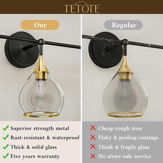 TETOTE 2-Light Modern Bathroom Light Fixtures, 2 Light Vanity Lights Over Mirror Black & Gold Wall Lamp with Clear Glass for Bathroom, Mirror, Living Room, Bedroom, Hallway