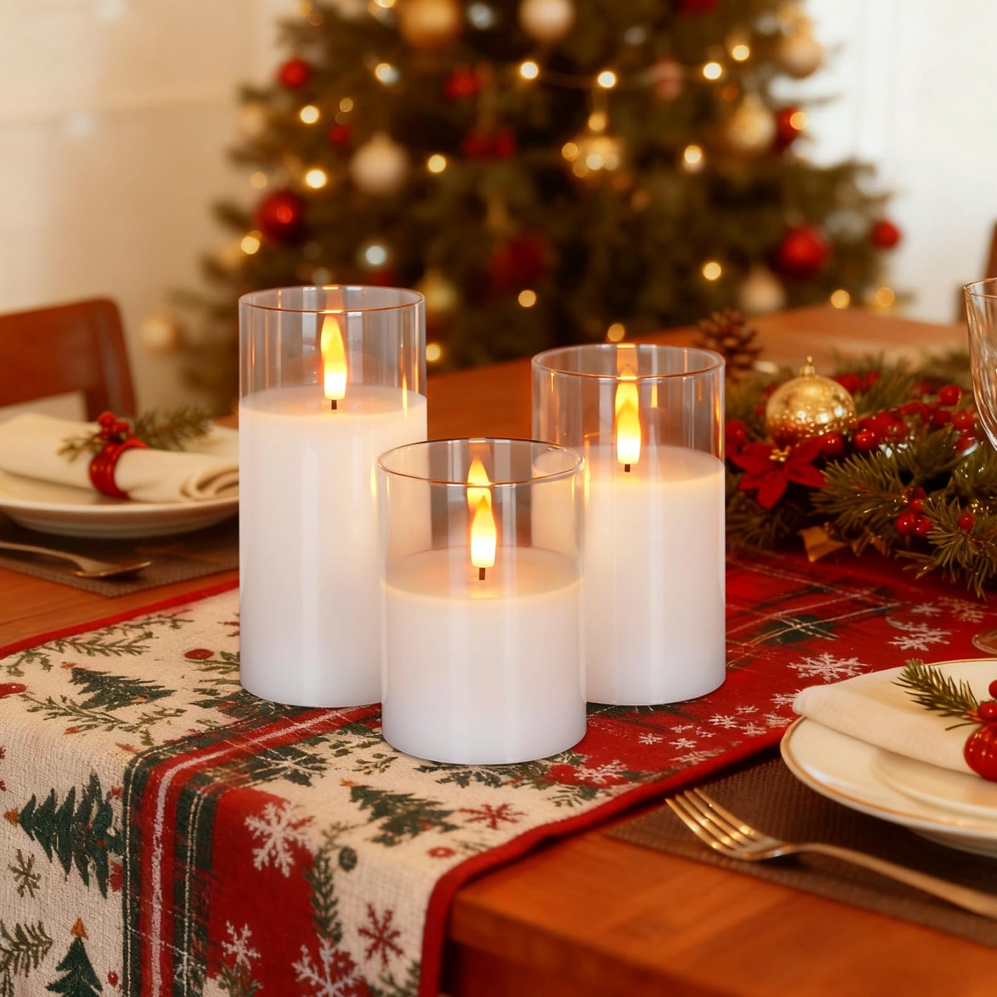 Amagic Clear Glass Flameless Candles Battery Operated with Timer, Remote Control, LED Pillar Candles, Battery Powered, Pure White Wax, Set of 3