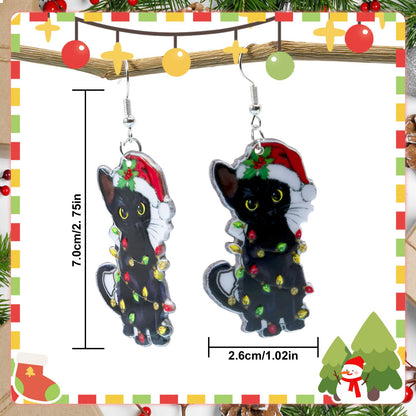 Funny Christmas Black Cat Earrings for Women - Xmas Charms Lightweight Acrylic Dangle Earrings Christmas Outfit Accessories