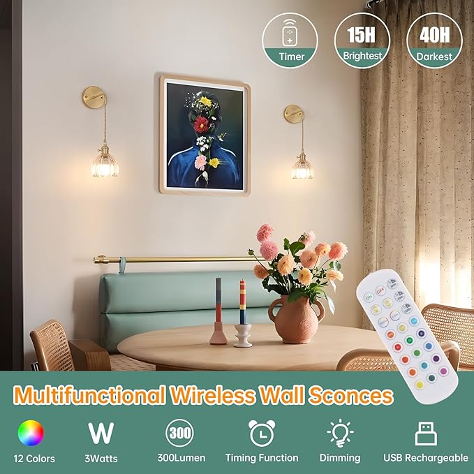 Battery Operated Wall Sconce with Clear Tulip Shade Pattern Glass Adjustable Chain Retro Gold Wall Mounted Light, Modern Wall Decor for Bedside Bedroom Indoor Doorway， Set of 2
