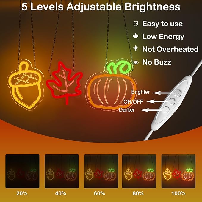 Cute Thanksgiving Harvest Neon Sign Acorn Maple Leaf Pumpkin LED Wall Lights Indoor Thanksgiving Neon Light USB Charged Fall Decor Ideas for Teen Room Men Cave in Fall Fest Party
