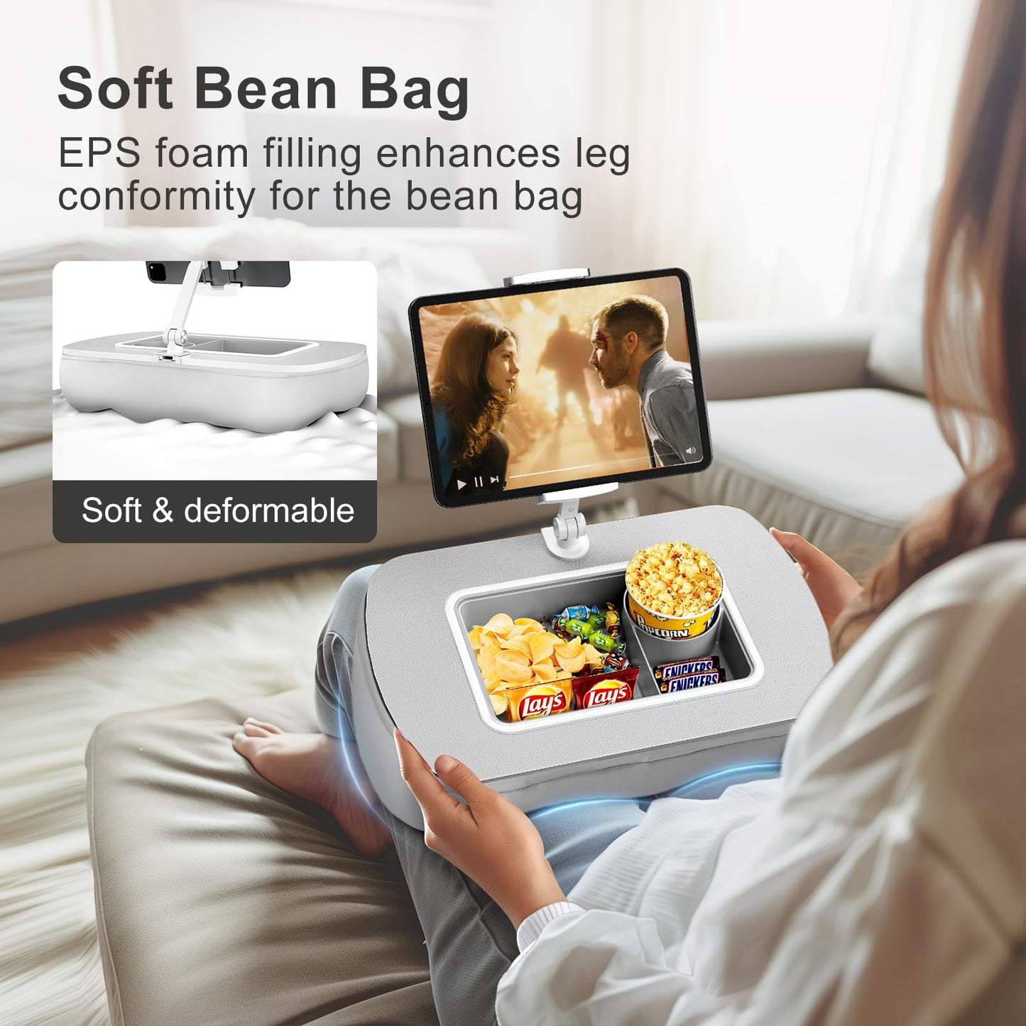 ERGONOV Tablet Stand Pillow with Snack Bowl, iPad Lap Holder for Hands-Free Reading and Relaxation on Bed,Couch,Recliner, 360° Rotating Clip for 4.7-13" Kindle,eBook,Tablet,iPhone (Light Gray)