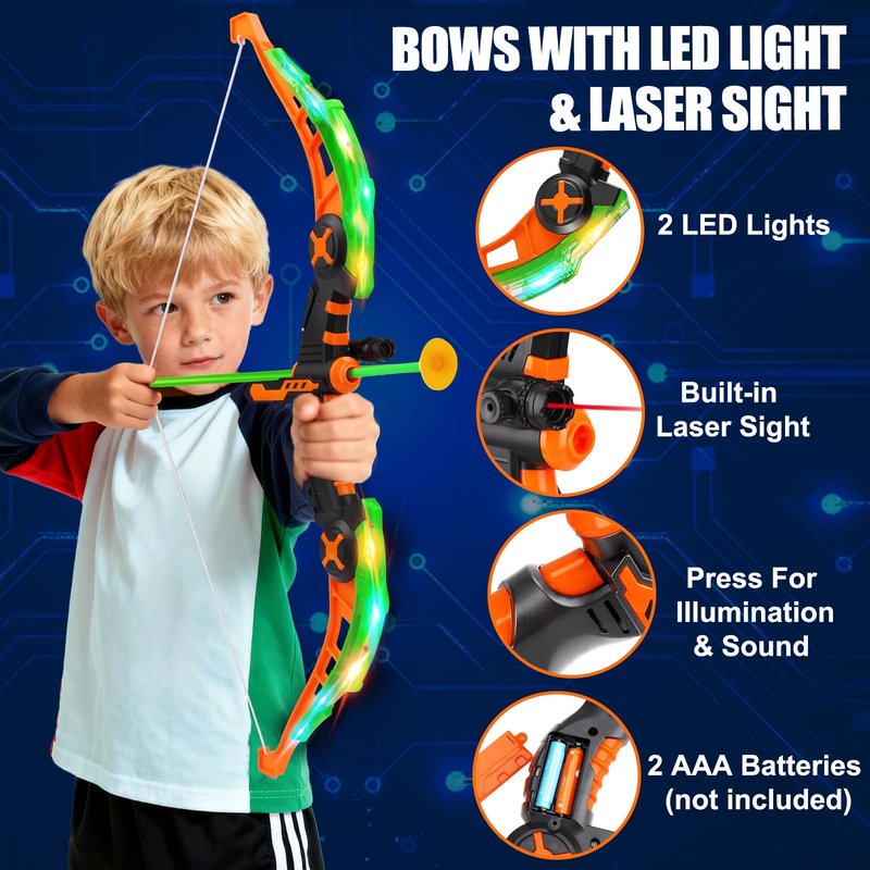 2 Pack Kids Bow and Arrow Set, LED Light Up Archery Set with 20 Suction Cup Arrows, Indoor Outdoor Sport Games for Kids Ages 4-8 8-12, Birthday Gifts Toys for 4 5 6 7 8 9 10 11 12 Year Old Boys Girls