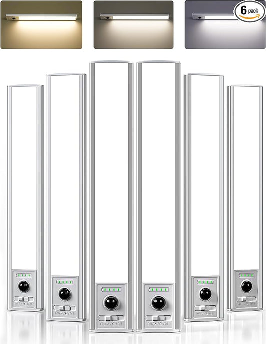 EZVALO 12inch Under Cabinet Lighting Wireless with Battery Indicator, 2500mAh Rechargeable Motion Sensor Light Indoor, 96 LED Under Counter Lights for Kitchen Closet, 3 Color Temps, Dimmable, 6 Pack