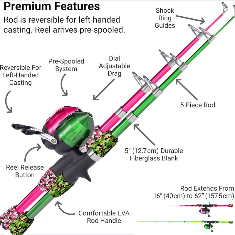 Lanaak 2 Pack Kids Telescopic Fishing Pole, Portable Fishing Rod Set, Tackle Box and Fishing Net Combo Kit, Kids Fishing Gear for Boys and Girls Age 5-10 and Youth – Green and Pink