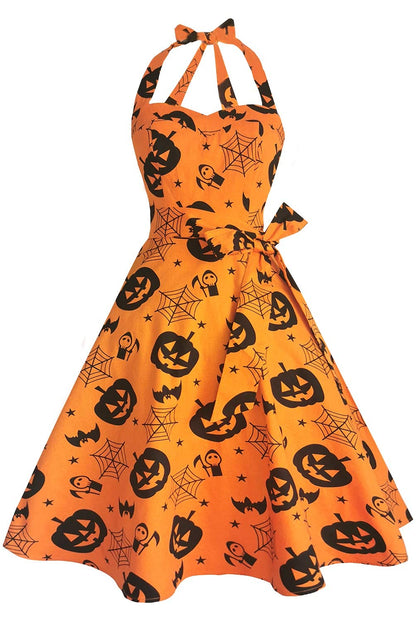 Topdress Women's Vintage Polka Audrey Dress 1950s Halter Retro Cocktail Dress Pumpkin M