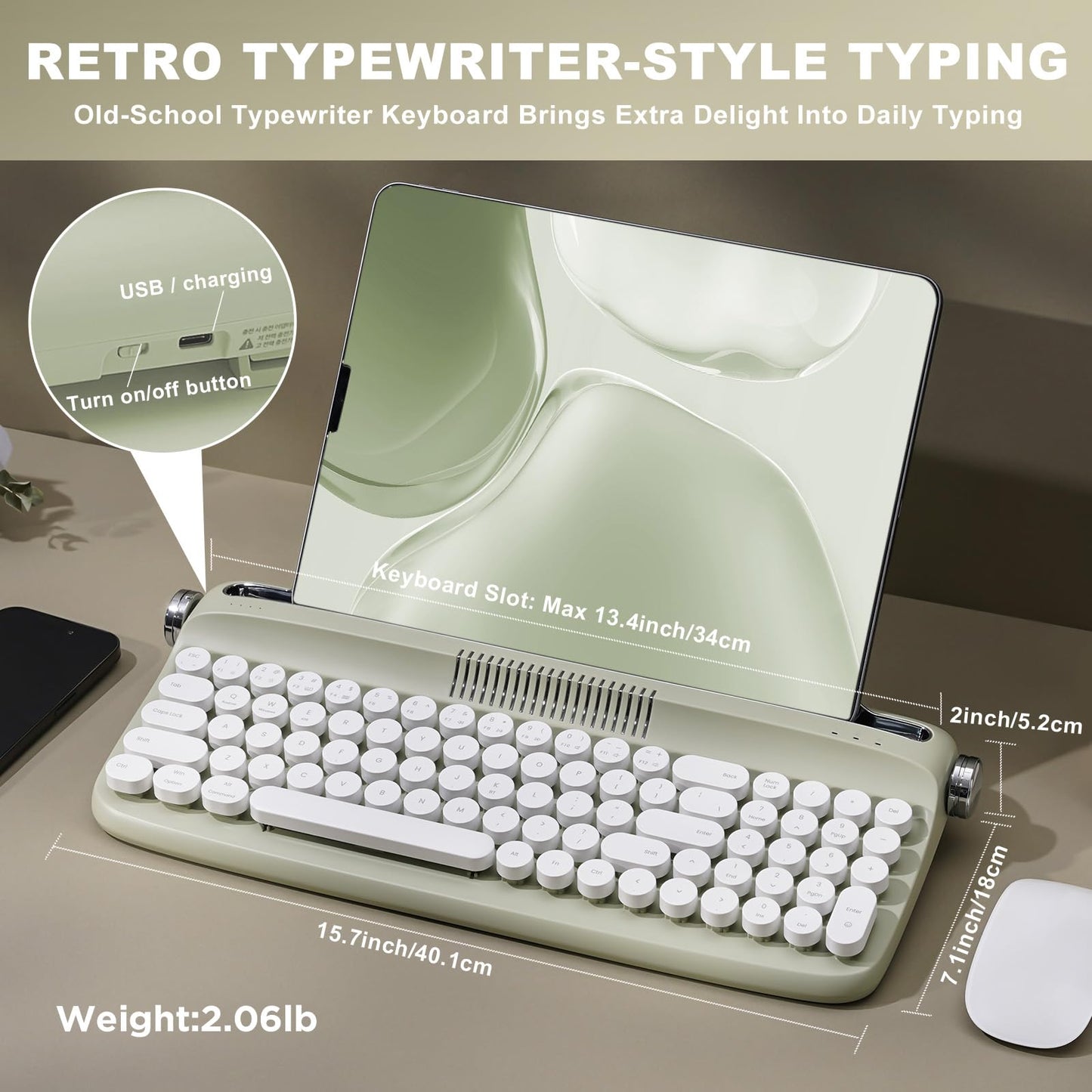 YUNZII Upgraded Wireless Typewriter Keyboard,with Retro Integrated Stand,USB-C/Bluetooth,Cute Round Keycaps, USB-C/Bluetooth Connection for Table, Phone, PC and Win/Mac/Android (B309, Baby Pink)