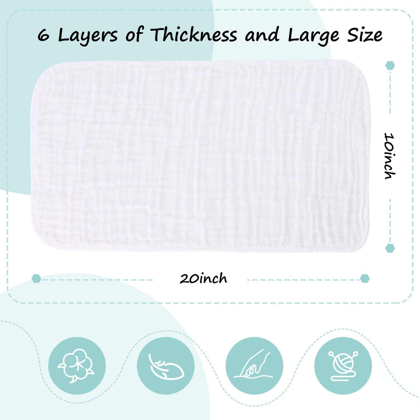 HIPHOP PANDA 10 Pack 6-Layers Muslin Burp Cloths Large - Durable 100% Cotton - Baby Essentials Extra Absorbent and Soft Boys & Girls Rags for Newborn Registry (White, 20" X10")