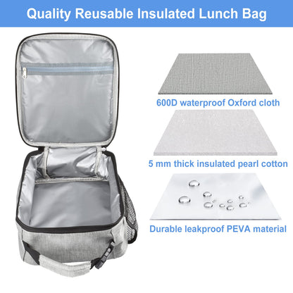 IWTTWY Insulated Lunch Bag, Leakproof Portable Lunch Box for Women Men Boys Girls, Large Capacity Cooler Bag with Handle and Bottle Pocket for Office School Camping Hiking Outdoor Beach Picnic (Grey)