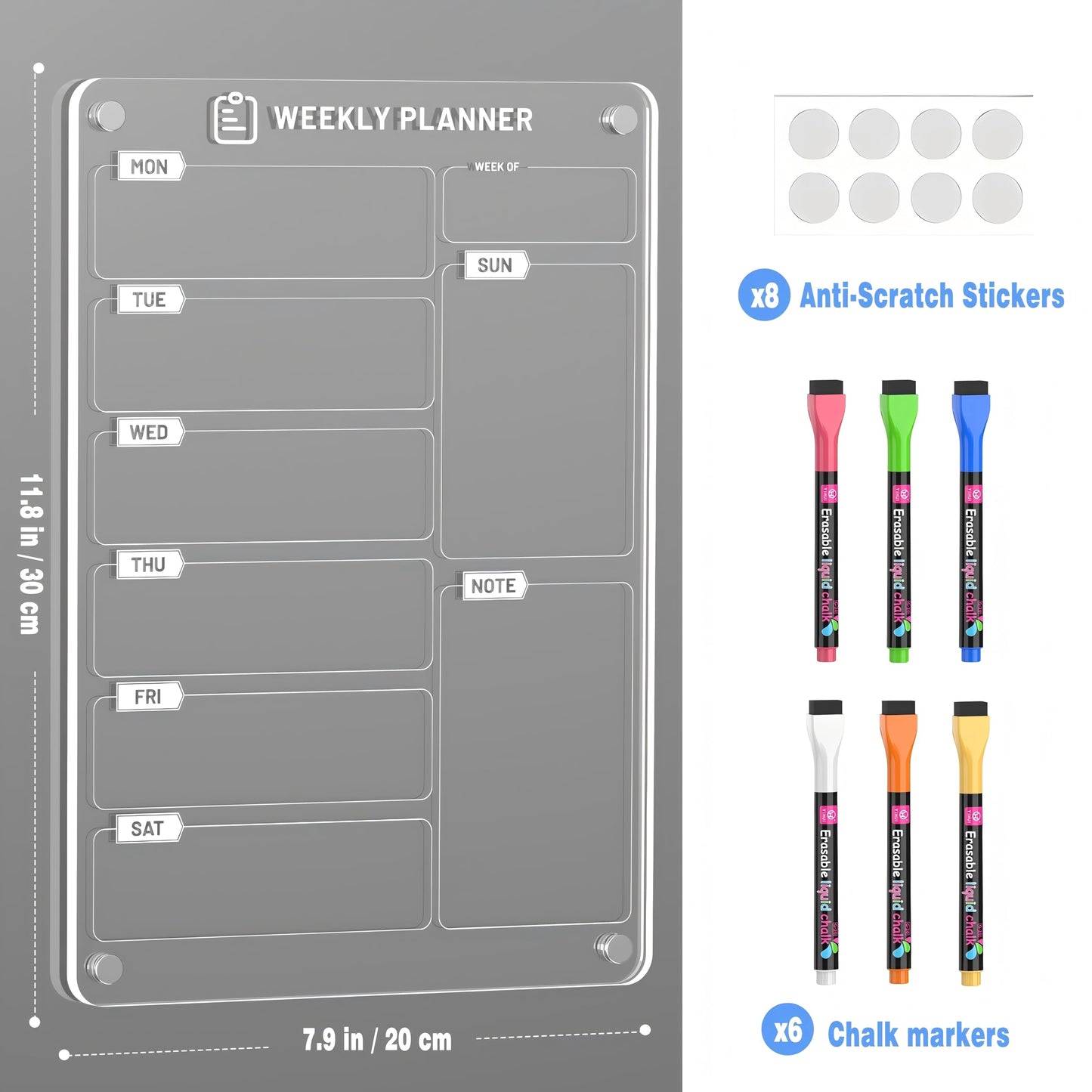 Langaelex 2 Set of Magnetic Weekly Planner for Fridge - Acrylic Meal Planner Boards with 6 Chalk Markers for Kitchen Home, Food Planning, Shopping List - A4 (20 x 30 cm)