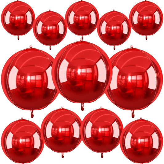 12Pcs Red Round Foil Balloons, 22" 15" 10" 4D Ball Balloons, Metallic Red Foil Balloon for Wedding Birthday Graduation Christmas New Year Party Decoration Supplies Backdrops