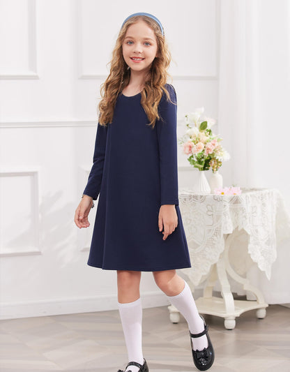 Arshiner Girls Dress Kids Long Sleeve Solid Color Casual T-Shirt Dress Navy Blue Tween 10-11 Years