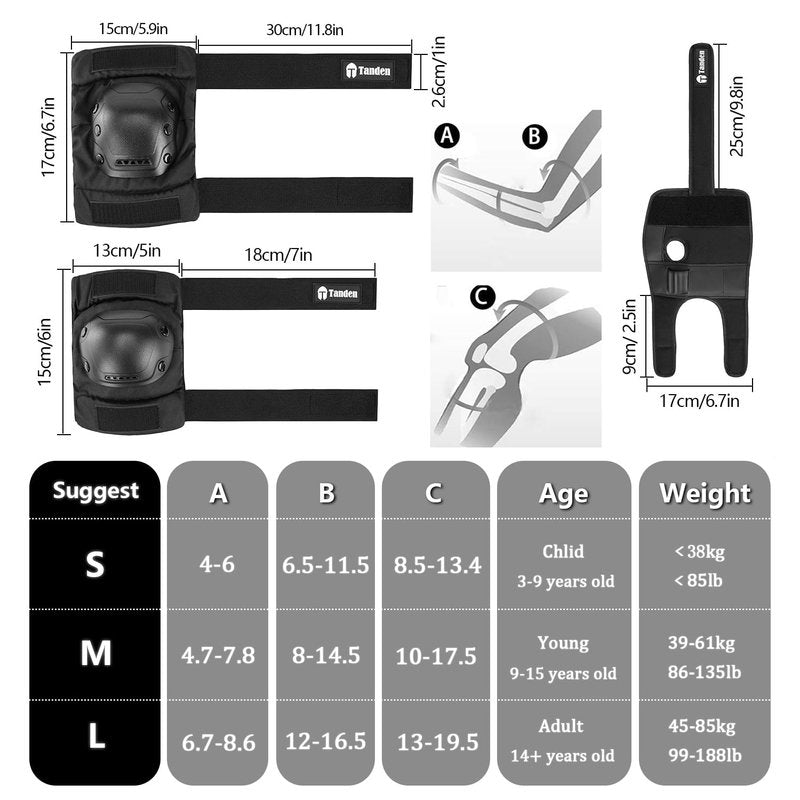 Tanden Skateboard Protective Gear Youth Knee Pads and Elbow Pads Set, Elbow and Knee Pads for Roller Skating Wrist Guards Skateboarding Pads