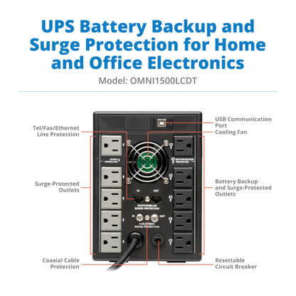 Eaton Tripp Lite series OMNI1500LCDT 1500VA UPS Battery Backup Computer Uninterruptible Power Supply Units & Surge Protector, 810W, 10 Outlets, AVR, LCD Screen, 3 Year Warranty & $250,000 Insurance