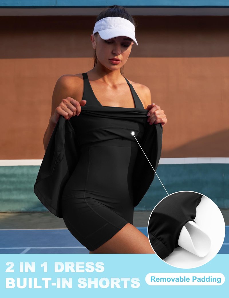 IUGA Womens Tennis Dress with Shorts Underneath Athletic Dress for Women Adjustable Strap Workout Golf Dresses Summer Outfits(Black, Medium)