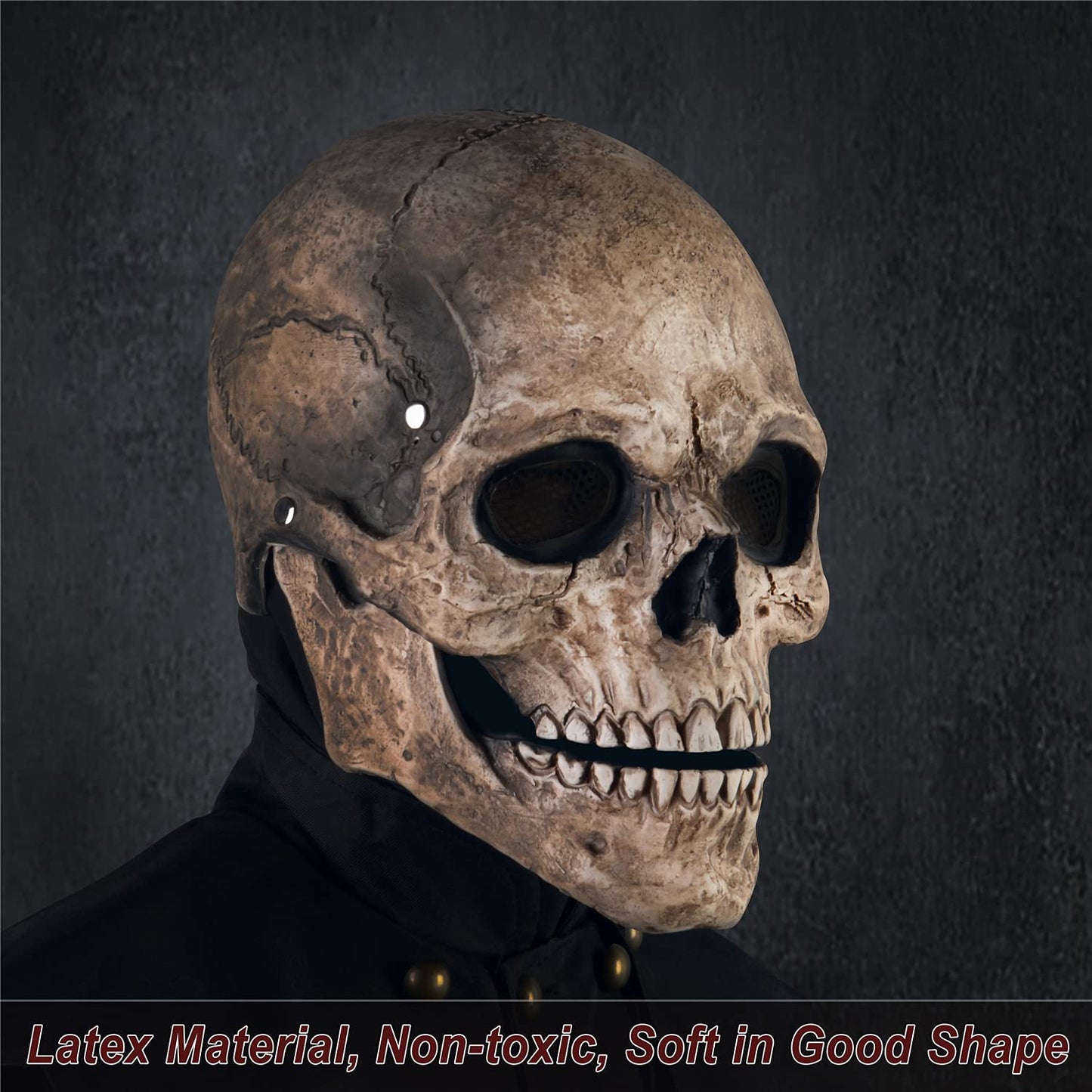 RRANYF Creepy Halloween Full Head Skull Mask with Movable Jaw, Adult Entire Head Realistic Latex Helmet, Scary Skeleton Headgear (Yellow Human Skull Mask)