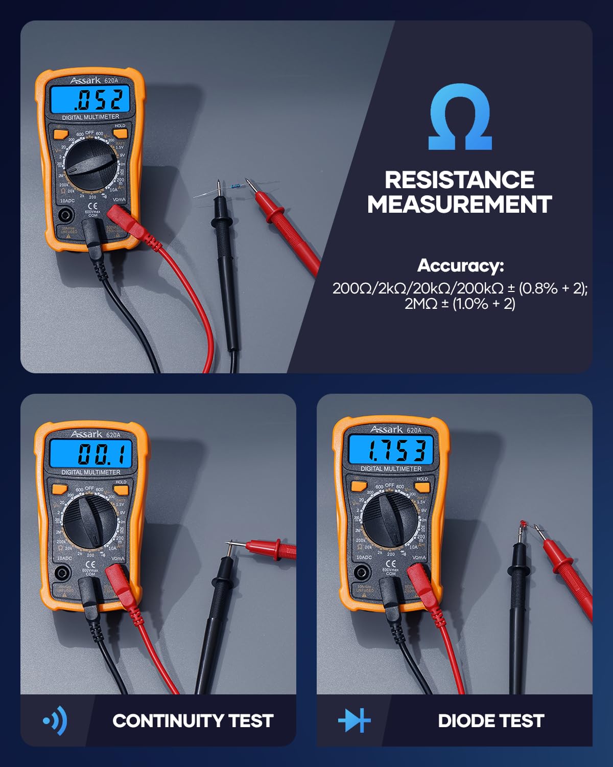 Digital Multimeter Voltage Tester, Assark 2000 Counts Multimeter Measure AC DC Voltage DC Current, Meter Tester Test Volt Ohm Amp Diode Continuity, Resistance, Backlit LCD Display, Data Hold Function