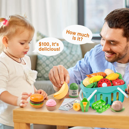 130Pcs Kitchen Playset, Toddler Pretend Cooking Play Pots, Pans, Utensils Cookware, Daily Food Fruit Veges, Shopping Storage Basket, Dessert, Prop Money, Learning Gift for Child (Turquoise)