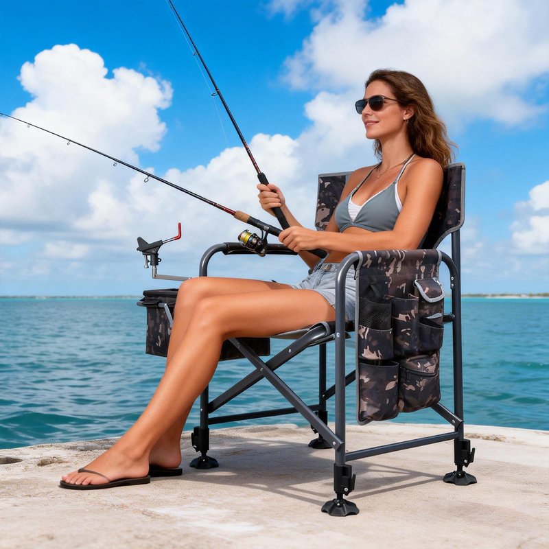 FUNHORUN Fishing Chair with Rod Holder, Folding Heavy Duty Ice Fishing Camping Chair with Liftable Cooler Bag, Cup Holder, Adjustable Legs