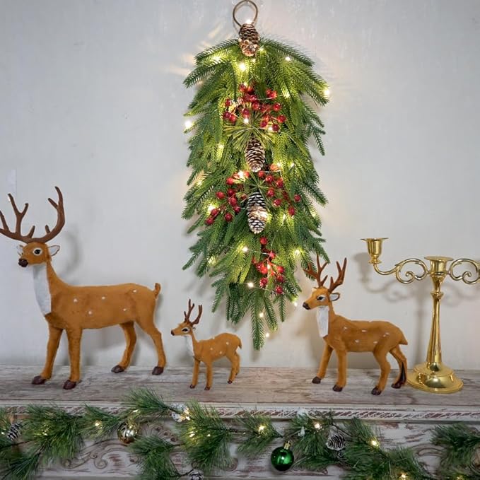 2025 Upgraded 26inch Christmas Swag with Lights Lush Norfolk Pine Teardrop Swags Christmas Wreaths with Lights Greenery Stairway Swags Staircase Decorations for Door Indoor Outdoor Home Hanging Décor