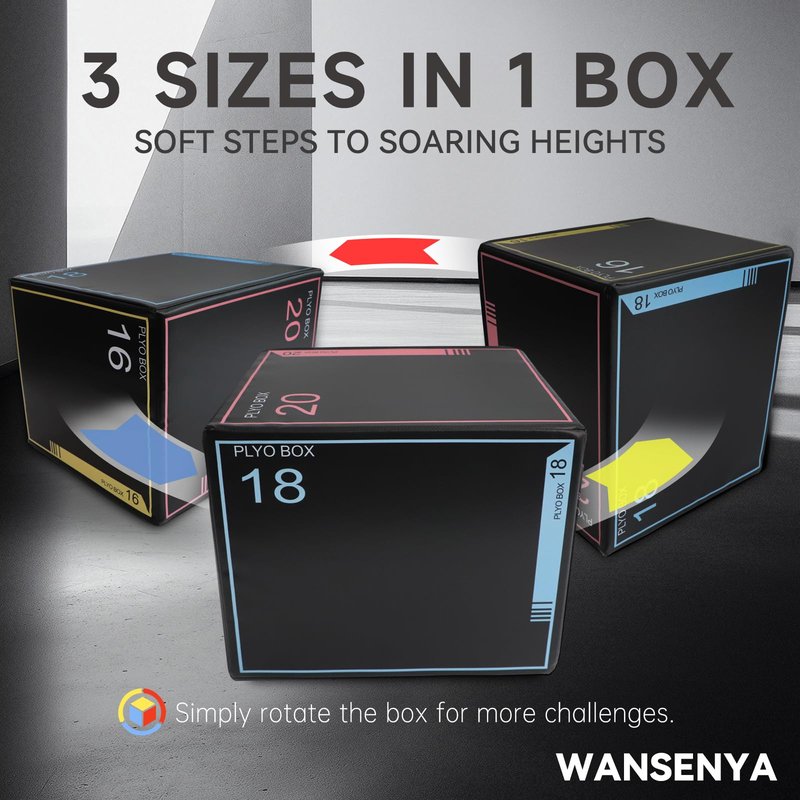 Wansenya 3-in-1 Dense Foam Plyometric Jump Box,20"x18"x16",Stable Non-Slip Box Jumps for Home Gym,Exercise Foam Plyo Box for Fitness Training-Step-Ups,Split Squats,Dips, Box Jump Cube