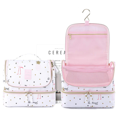 Hanging Toiletry Bag for Women, Lychii Cosmetic Bag with Double Layer, Toiletries Travel Organizer - Flamingo Printed