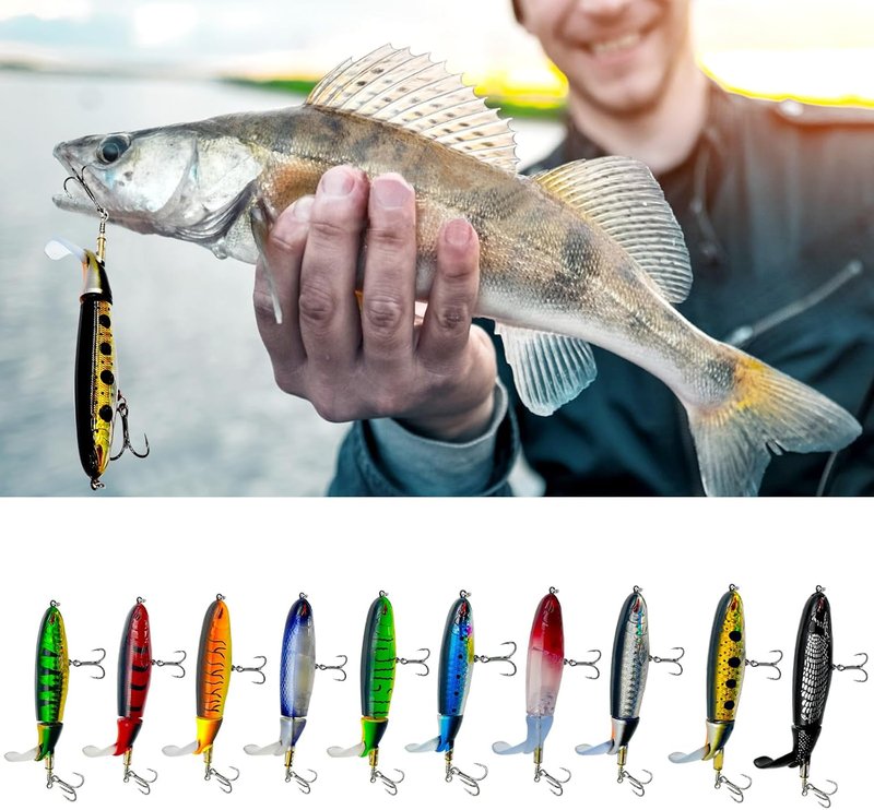 Fishing Lures Kit - 10Pcs Top Water Bass & Catfish Lures with Hooks | Popper Floating Design