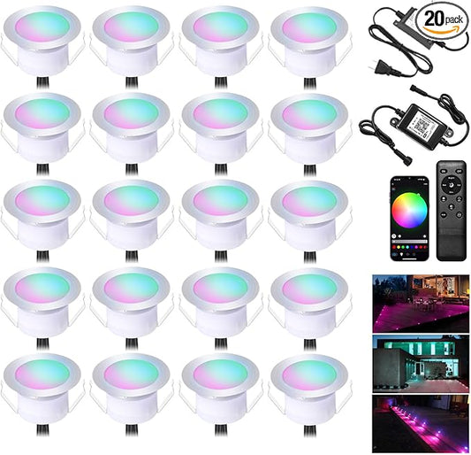 INDARUN Outdoor Deck Lights Waterproof 20 pcs, 12V Low Voltage LED Recessed Deck Lights Φ1.22 RGB Deck Lamp with Remote, Alexa/Google Compatible, Outdoor Step Stair Lights for Floor Landscape Lighting