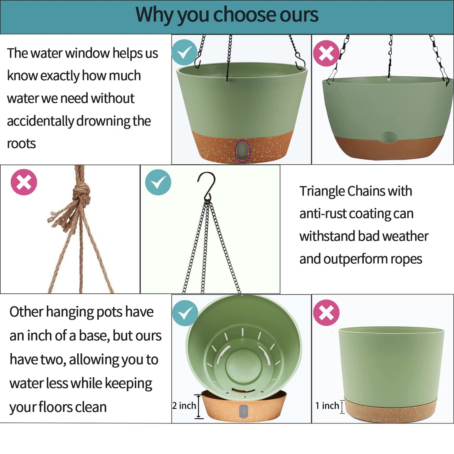 WIZROL 2 Pack Hanging Planters, 10 inch Indoor Outdoor Hanging Plant Pot Basket, Hanging Plastic Flower Pot with Drainage Hole with Removable Tray&Hooks for Hanging Plants,Green