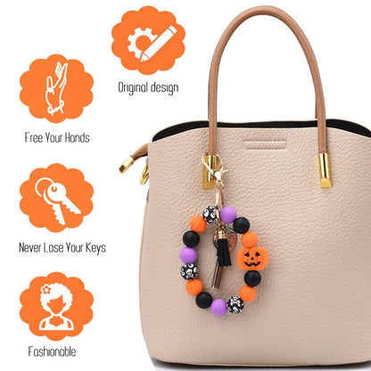 BAOSIWA Silicone Beaded Keychain Wristlet Key Ring Bracelet Halloween Pumpkin Car Key Chain Holder Gifts for Women Girls