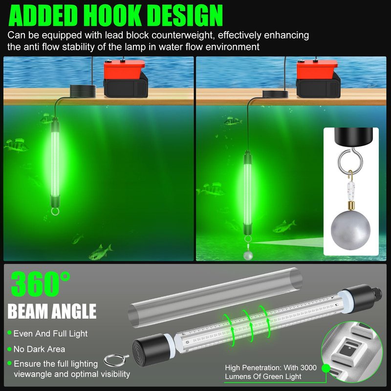 Underwater Fishing Light Compatible for Milwaukee 18V Battery，LED Green Light for 30W IP68 3000 Lumens Fish Attracting, Night Fishing for Docks Boats or Kayaks(no Battery)