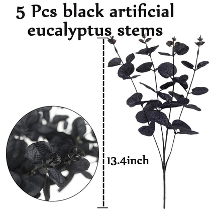Tinsow 5 Pcs Black Artificial Eucalyptus Stems Faux Eucalyptuses Branches Black Leaf Halloween Centerpiece Halloween Home Decor (Black, 5)